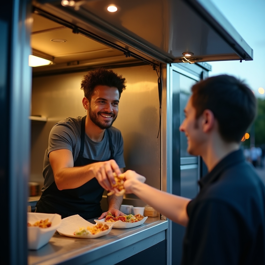 Cook serving a customer through the service window of a food truck at a street stand