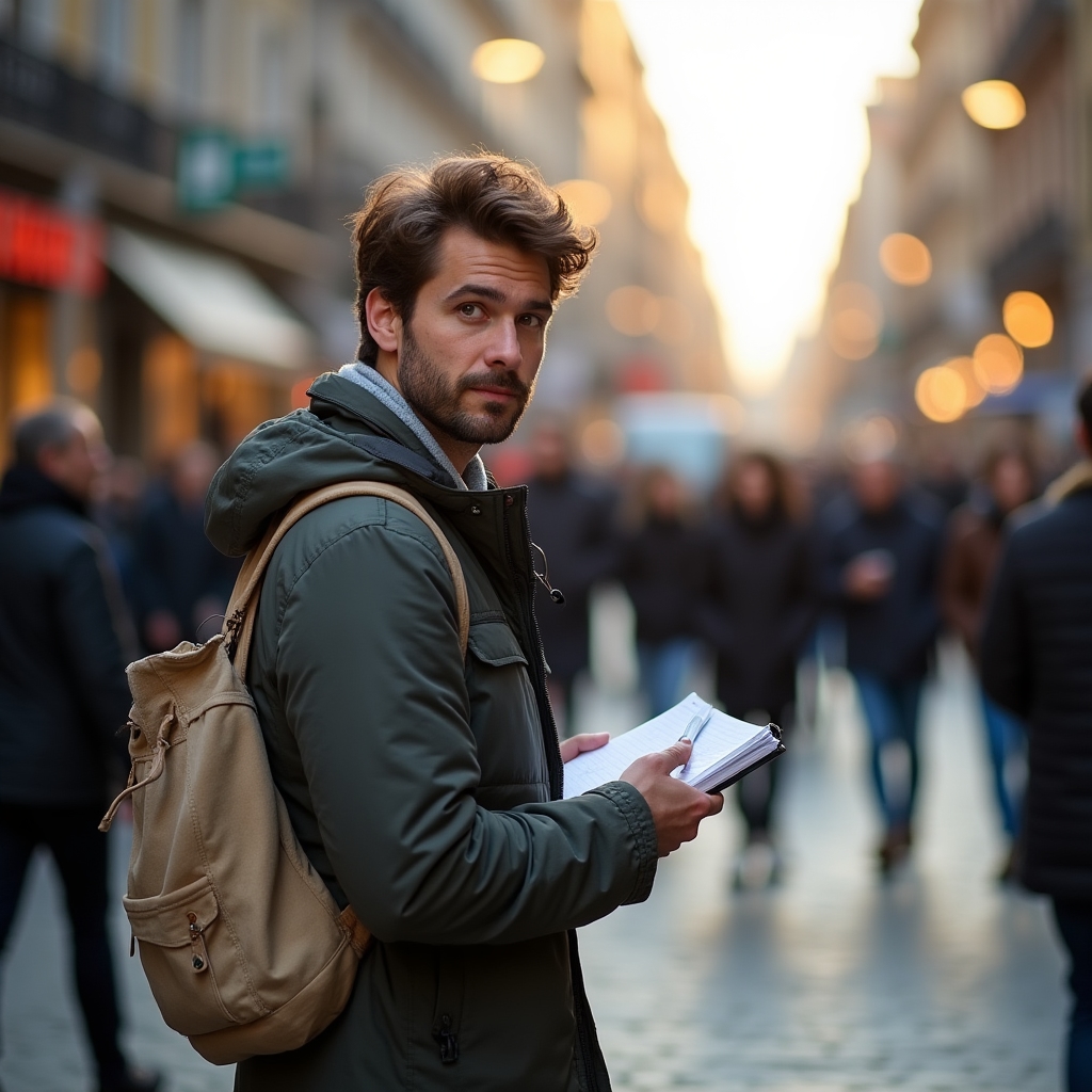 Person standing on a city street corner observing pedestrian flow with a notebook