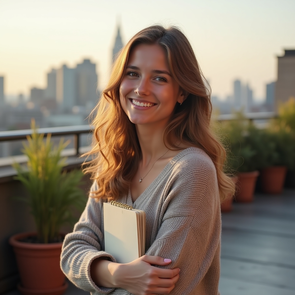 Portrait of Anna, co-founder, standing on an outdoor terrace with a notebook