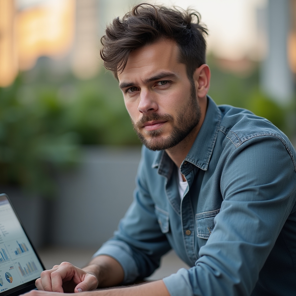 Portrait of Marek, co-founder, reviewing a spreadsheet on a laptop outdoors