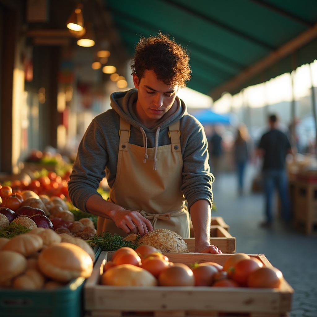 Vendor setting up a market stall early in the morning with crates of ingredients