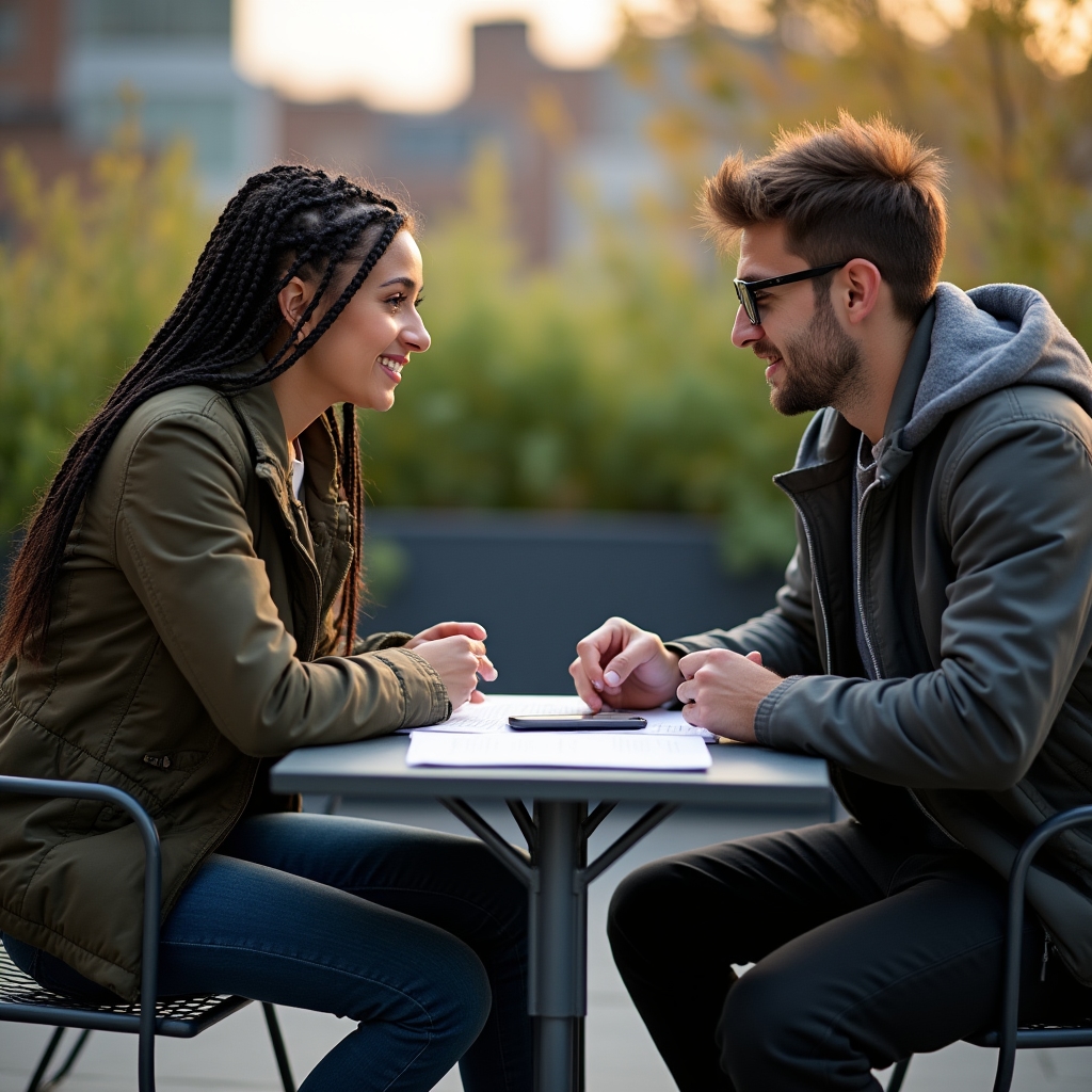 Two colleagues reviewing course material together at an outdoor terrace desk