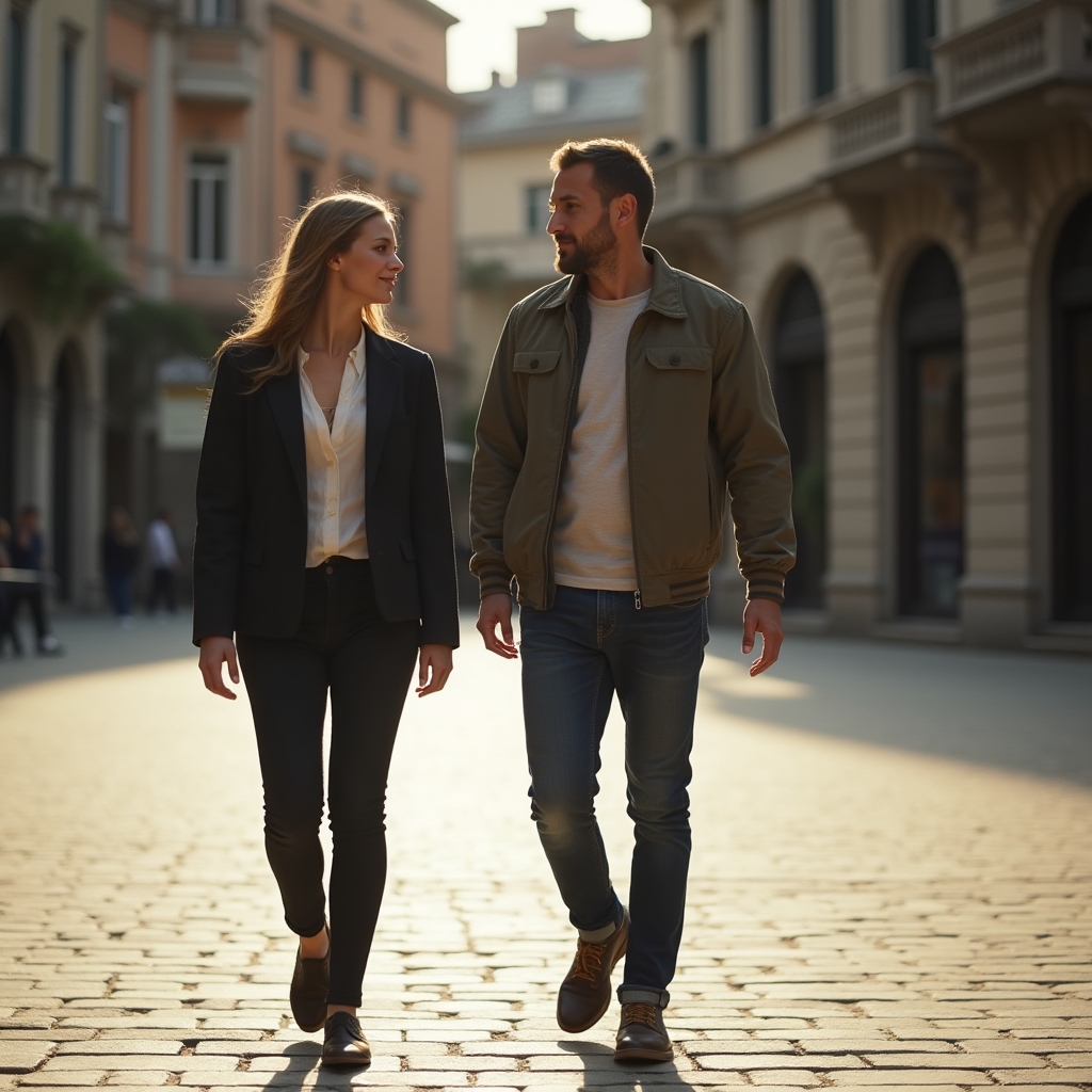 Two people walking through a city square discussing a potential vendor pitch location