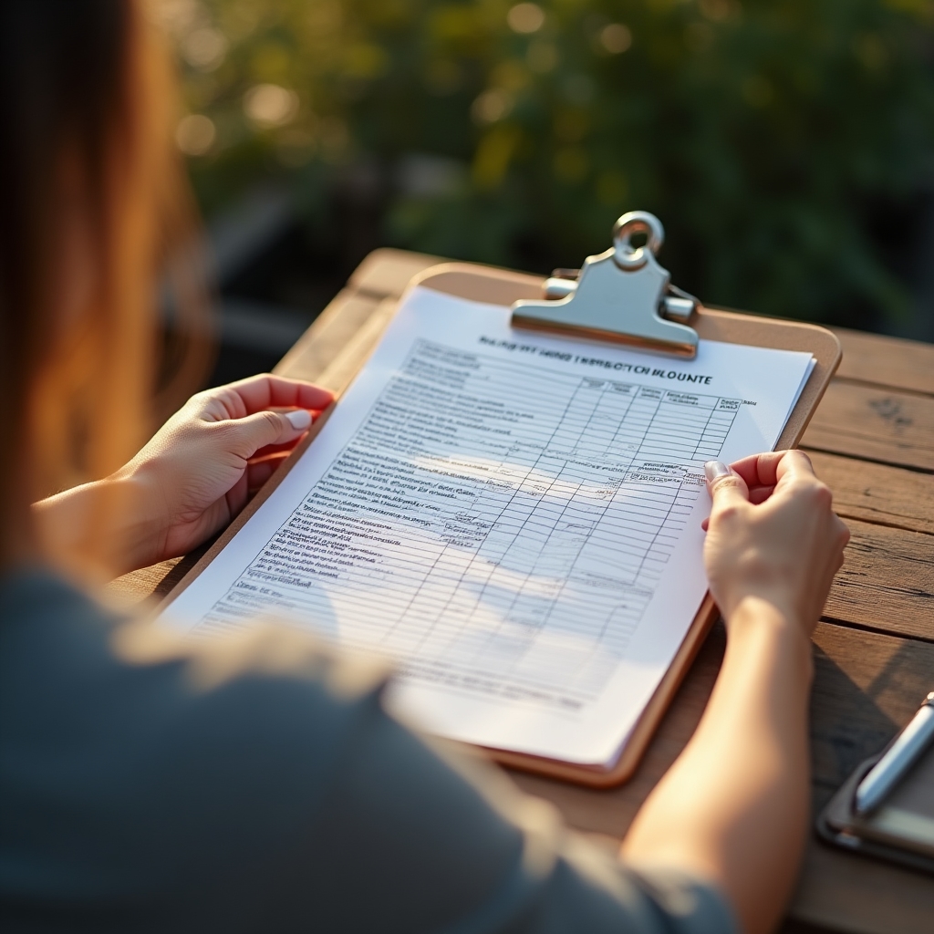 Person reviewing a printed hygiene checklist and folder of documents at a desk