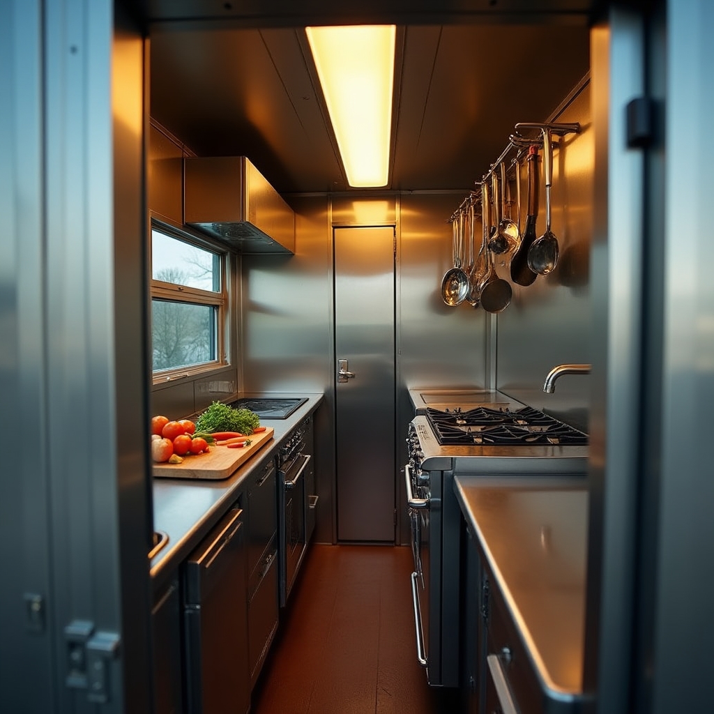 Compact stainless steel kitchen interior inside a small food trailer