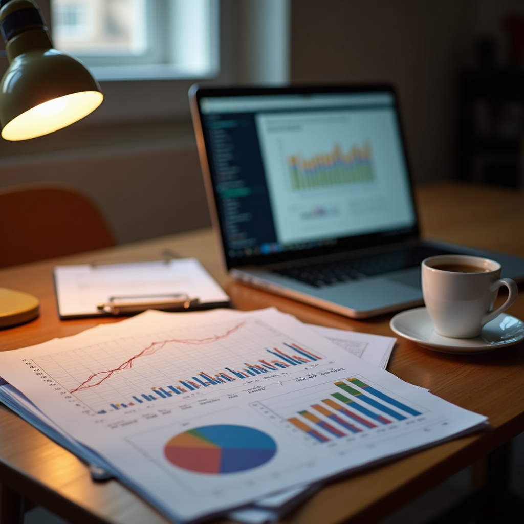 Desk with printed spreadsheet templates and a laptop showing a break-even calculation